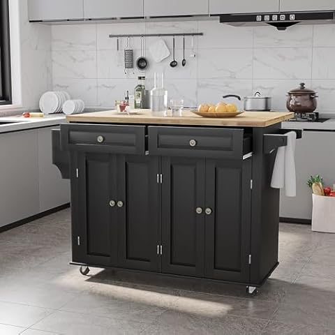 Squireewo Kitchen Cart with Wood Top and Drop Leaf Breakfast Bar, Rolling Mobile Kitchen Island Table on Wheels with Drawer and Storage Cabinet, Spice Rack, Towel Rack, Black Cover