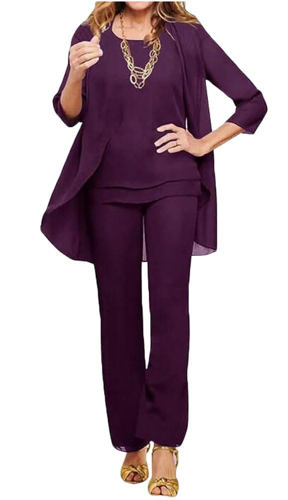 Botong Women's Grape 3 Pc Chiffon Mother Of The Bride Pants Suits Wedding Guest Outfit Formal Evening Dress Wedding Party Outfit Uk16