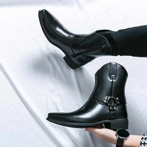 Image of Men's Western Cowboy Boots - Fashion Pointed Toe Chunky Low Heel Belt Buckle Side Zipper Ankle Retro Classic Anti-Slip Short Boots
