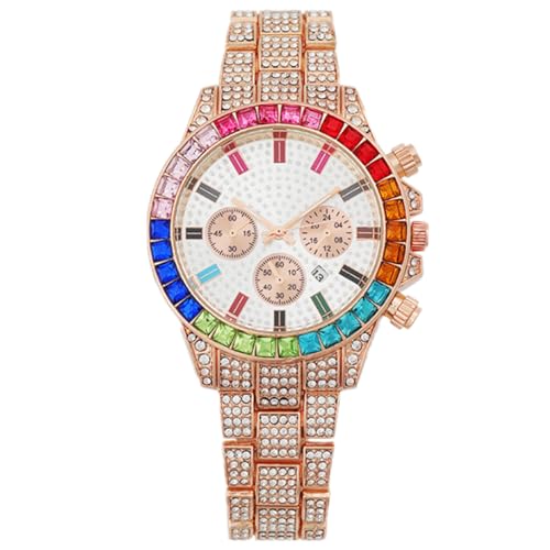 JOATVEE Reloj de diamante multicolor, cronógrafo con fecha, arco iris baguette 41 mm, esfera analógica, de cuarzo, para mujer, acero inoxidable, con diamantes de imitación, rose gold, Pulsera