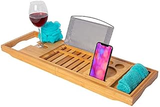 TRIXES Premium Bamboo Bath Caddy  Extendable Luxury Home Relaxation Spa Experience for Bathrooms  Wine Holder  Book Stand Rack Phone Slot  Candles  Side Tray Compatible with Tablets E-Readers