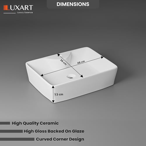 Image of LUXART Tabletop Wash Basin For Bathroom - 19 x 14 x 5 Inc Ceramic Glossy White Countertop Washbasin | Vessel Sink For Hotel, Dining Hall, Vanity | Over counter Top Washroom Sink