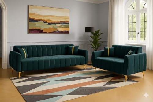 Image of Furny Harmon 5 Seater Fabric 3+2 Sofa Set (Greenish Teal) | Soft Velvet Fabric | Modern Design | Comfortable Seating | Living Room Furniture