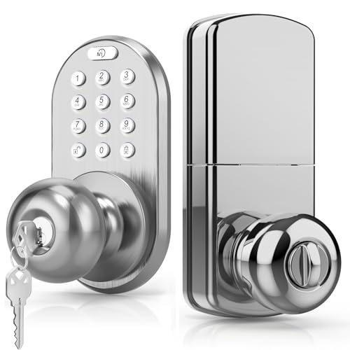 Milocks Keypad Door Lock - Electronic Smart Digital Lock for Front Door 15 Pin Codes Backlit Keypad Auto & One-Touch Locking Door Knob with Keypad for Smart Home Improvement - Satin Nickel