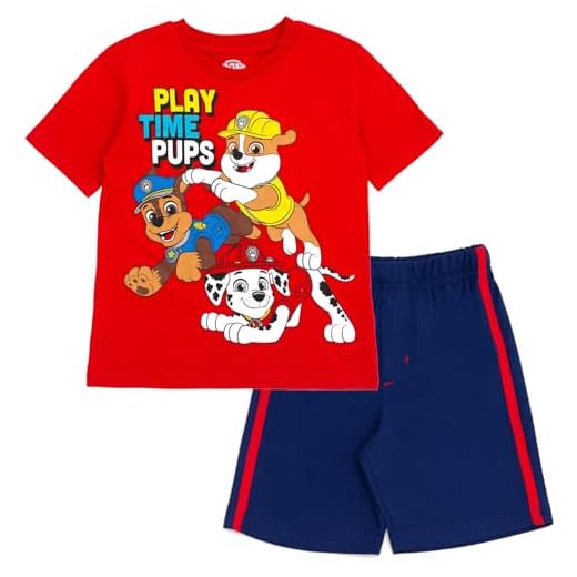 Paw Patrol Chase Marshall Rubble Conjunto de camiseta e shorts de malha para meninos brincadeira filhotes de cachorros/vermelho 3T, Filhotes de brinquedo / vermelho, 3 Anos