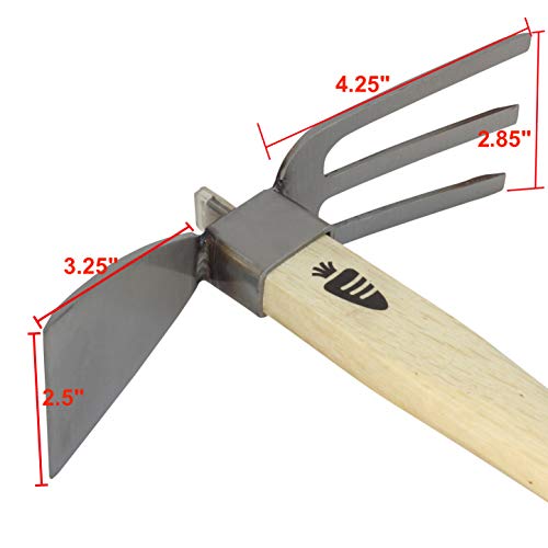 Carrot-Design-Stainless-Japanese-Style-Garden-Hoe-and-Cultivator-Dual-Headed-Weeding-Tool-3-Prongs-Combo-Garden-Tools-with-Wood-Handle