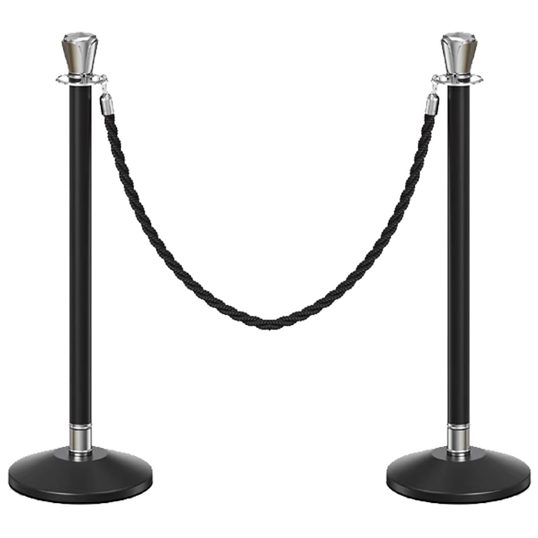 Aioneer Stainless Steel Stanchion Post Set 39.3" Crowd Control Barriers With 4.9Ft Ropes Durable Queue Poles For Events Commercial Grade Stanchions-Black Silver-2 Pack