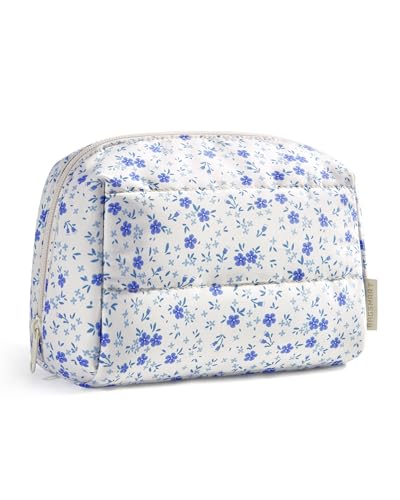 Image of BAGSMART Small Makeup Bag, Floral Wide Open Quilted Cosmetic Pouch