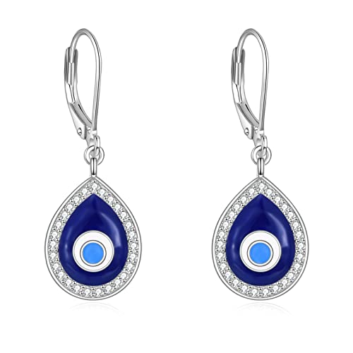 YAFEINI Evil Eye Earrings Sterling Silver Leverback Evil Eye Dangle Drop Earrings Turkish Protection Jewelry for Women