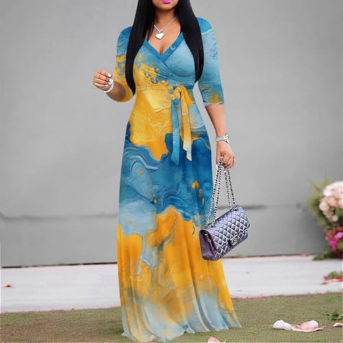 Image of PinkPatty Women's Print Maxi Dresses 3 /4 Sleeve Flowy Long Dress V Neck Wrap Tie Waist Sundress