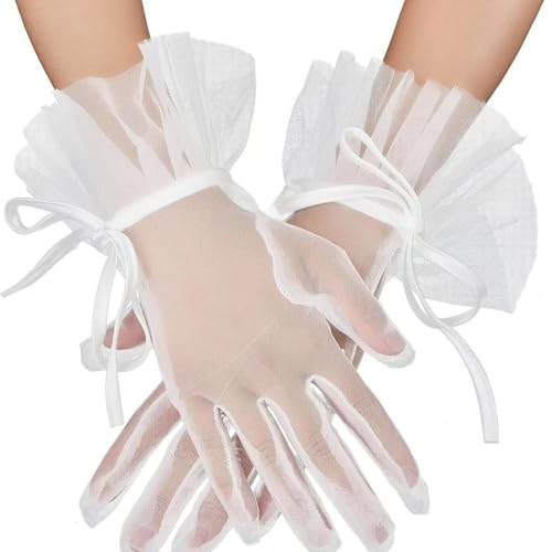 White Mesh Women's Elegant Lace Gloves Sheer Mesh Tea Party Gloves Ruffle Trim Bridal Gloves
