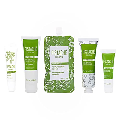 Pistaché Skincare Pistachio Oil Complete 5-Pc Travel Size Set + Whipped Body Butter, Hand Cream, Eye Cream, Face Moisturizer & Lip Gloss + Hydrates and Nourishes + Vitamin E + Antioxidant Protection