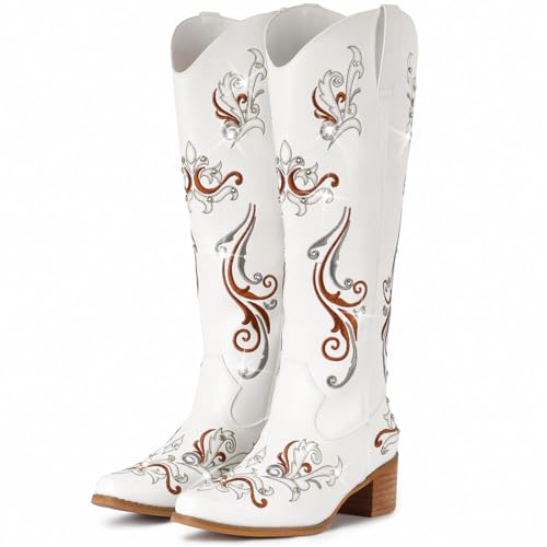 IUV Cowboy Boots for Women Sparkly Rhinestone Cowgirl Boots with Embroidery,Pointed Toe Chunky Knee High Western Boots