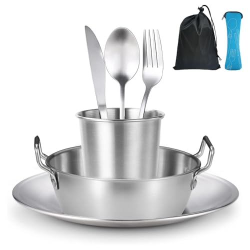 Vaisselle Camping 1 Personne, Assiette Camping Acier Inoxydable, Couverts de Camping avec Sac de Rangement, Bivouac Camping Accessoires, Comprend Couteau, Fourchette, cuillère, Assiette, Bol et Tasse