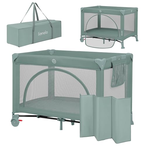 lionelo Laura 2en1 Lit de Voyage jusqu'à 15 kg Parc bébé de 0 à 36 Mois Entrée latérale Matelas en Mousse T25, 2 Niveaux Hauteur, Sac de Voyage, Roues avec Frein (Beige Sand) (Grey) (Green)