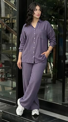 Image of Women's Solid Color Two-Piece Set | Long Sleeve Top & Wide Leg Pants Co-ord Set | Casual Wear Co ord Set