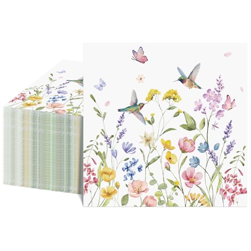 NatNarr 100 Pcs Wildflower Napkins, 2-Ply Floral Cocktail Napkins Spring Decoupage Napkin Butterfly Hummingbird Flower Dessert Beverage Napkin for Easter Baby Shower, Tea Party