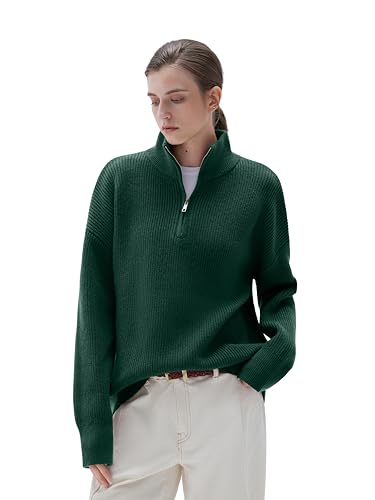 Image of SUUKSESS Women Cashmere Blend Oversized Quarter Zip Pullover Sweater Long Sleeve Collared Ribbed Knit Jumper Tops