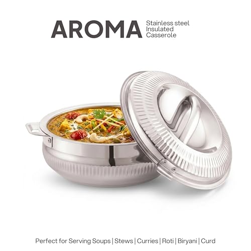 Image of CELLO Aroma 3200 Insulated Stainless Steel Casserole Hot Pot Box for Daily Use 3200 ml Silver | Keeps Food Hot & Warms for Long Hours, Food Grade Double Wall PU Insulated Roti Rice Hot Pot Casserole