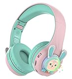 Riwbox RB-7S Rabbit Kids Headphones Wireless, LED Light Up Bluetooth Over Ear Headset Volume Limited Safe 75dB/85dB/95dB with Mic and TF-Card, Children Headphones for Girls Boys (Pink&Green)