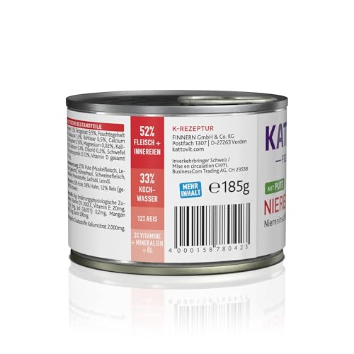 KATTOVIT - Niere/Renal Nassfutter für Katzen | Glutenfreies Diätfutter zur Unterstützung der Nierenfunktion für ausgewachsene Katzen. Alleinfuttermittel in der Dose | 12 x 185 g Pute