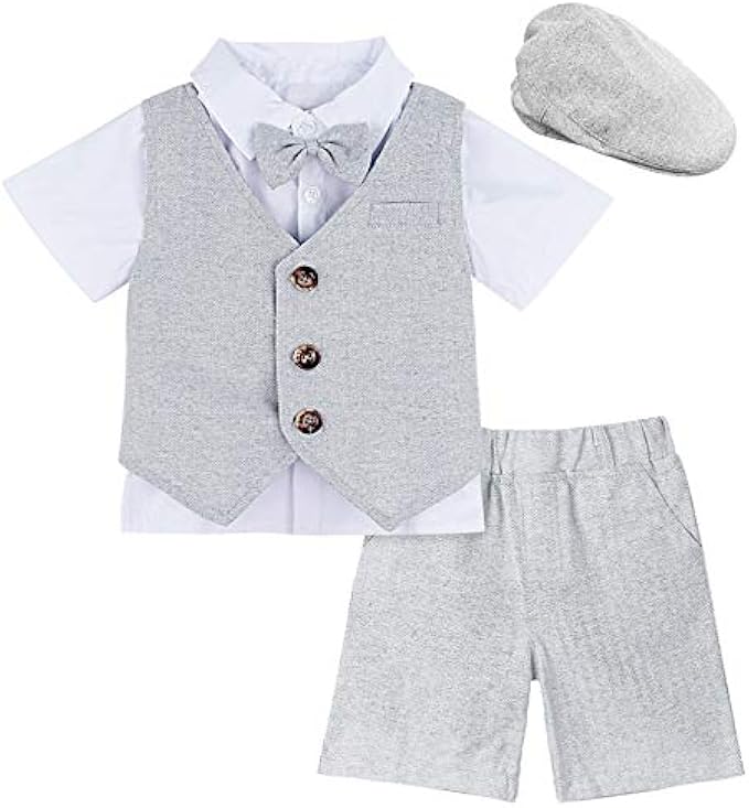 A&J DESIGN Baby Boys Suit Gentleman Shorts Sets, 4pcs Outfit Shirt & Shorts & Vest & Hat