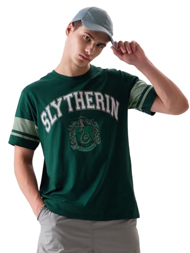 Image of The Souled Store Harry Potter: Slytherin Mens Regular Fit Graphic Printed Half Sleeve Cotton Green T-Shirts