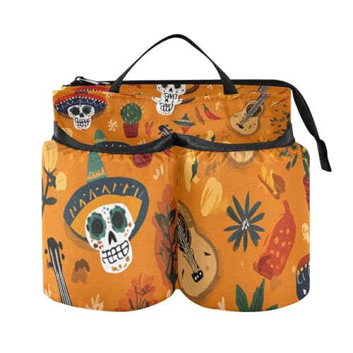 Image of Luggage Cup Holder for Suitcases Free Hands Suitcase Cup Holder Travel Luggage Drink Holder Portable Luggage Cup Caddy Bag Carrier with Handle Day of The Dead Orange Skull Cacti Guitar