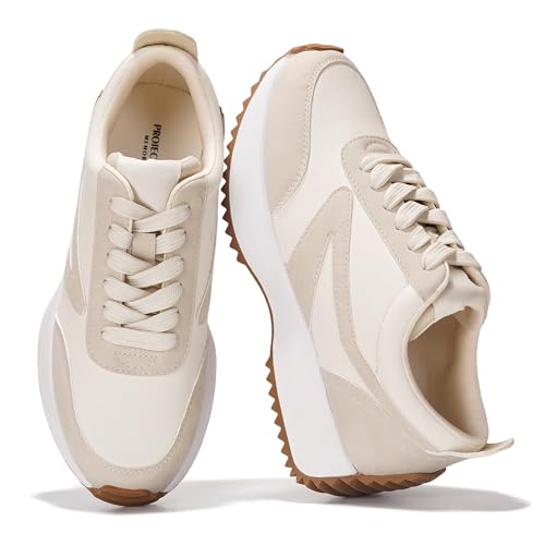 Project Cloud Womens Sneakers - Memory Foam Insole and Lightweight Spring Shoes - Non-Slip Lace Up Trendy Shoes - Fashion Sneakers for Women (Balinda, BEIG, 8.5)