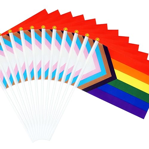 12 Pcs Progress Pride Flags Decorations LGBTQ Accessories Gay Pride Month Flag Rainbow Flags Stuff Hand Held Stick Small Flags Bulk for Party Parade Rainbow Festival