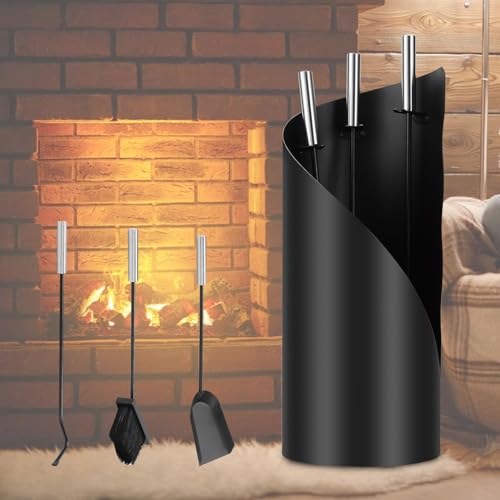 ISOISL - Ensemble d'outils de cheminée, set de 4 pièces avec balayette, pelle, crochet en fer, support, ustensiles de cheminée avec poignées en acier inoxydable, accessoires de cheminée design moderne