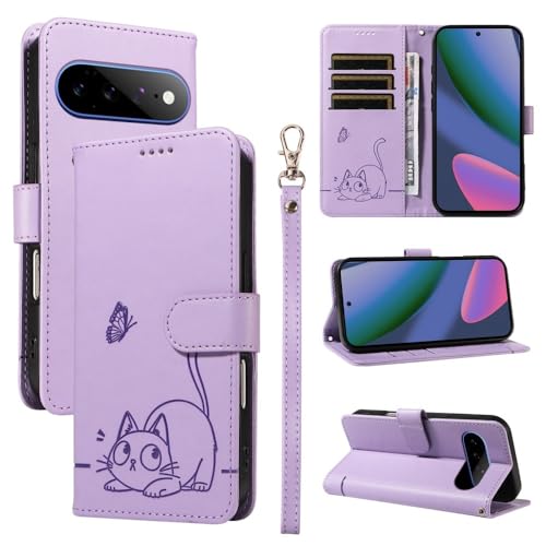 Étui Google Pixel 10 Pro 5G violet avec motif chat et papillon en cuir