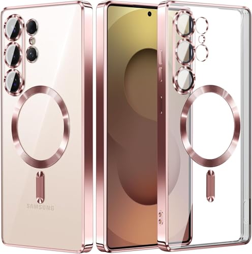 Image of VONZEE Clear Logo Electroplating Transparent Case for Samsung Galaxy S26 Ultra 5G, Magnetic Plating [Support for MagSafe Charger] Electroplate TPU Cover- Rose Gold