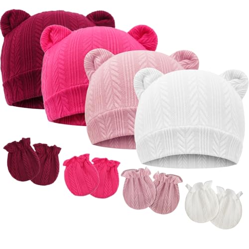 Image of BQUBO Newborn Baby Hats Bear Ears and Mittens Sets Preemie Caps Baby Boy Girl Infant Hospital Beanie for 0-3 Months