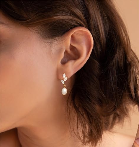 Dainty Gold Pearl Earrings for Women, Trendy 14k Gold Filled Freshwater CZ Leaf Bow Pearl Dangle Drop Earrings Lightweight Hypoallergenic Bridesmaid Stud Earring Wedding Statement Jewelry for Women Gifts2