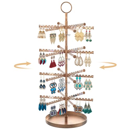 Image of MODOWEY 4 Tier Metal Rotating Earring Holder Organizer Stand Adjustable Display Tree for Women, 384 Holes and Grooves Rack Tower for Pierced Dangle, Large Capacity Space-Saving Jewelry Hanger, Bronze