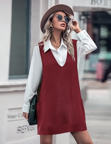 Image of HOTOUCH Women Sweater Vest Oversized V Neck Sleeveless Knit Pullover Ribbed Vest Dress with Pockets