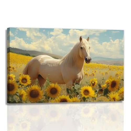 Horse Canvas Wall Art Watercolor White Horse In The Wild Field Picture Print Abstract Sunflower Animal Painting Framed Artwork For Bedroom Living Room Office Decor(Artwork-1,16"x24")