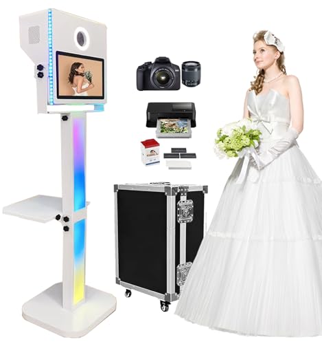 Mirror Photo Booth with Printer and DSLR Camera Portable Photo Booth 15.6 inch Touch Screen Selfie Photobooth Machine RGB Lights for Wedding School Party Events Christmas (White Color Full Set)