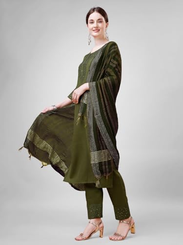 Image of Women's Elegant Cotton Blend Kurta Pant Dupatta Set with Embroidery - Fully Stitched