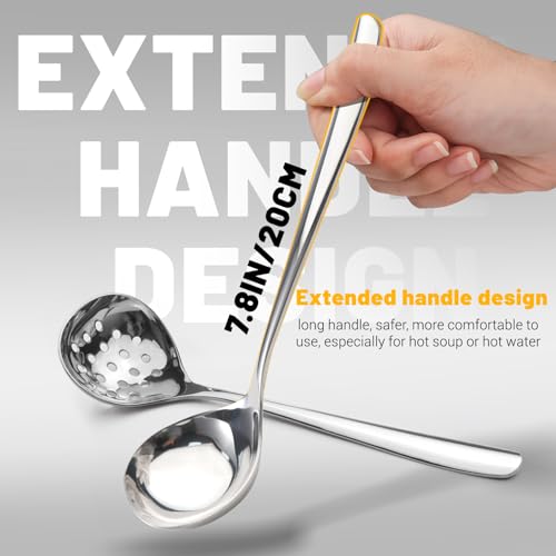 2 padelle piccole e cucchiai scanalati, Heavy Duty 304, in acciaio inox gravy, mini padelle per servire, scolapasta padella con fori, argento, 2Pcs Small Ladle+ Slotted Ladle, Silver - immagine 5