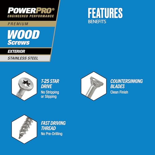Image of Power Pro 48619 Wood Screws, #8 x 1-1 /4 inch, Premium Stainless Marine Screws, Rust Resistant, Stainless Steel, 1lb Box, 242 pcs