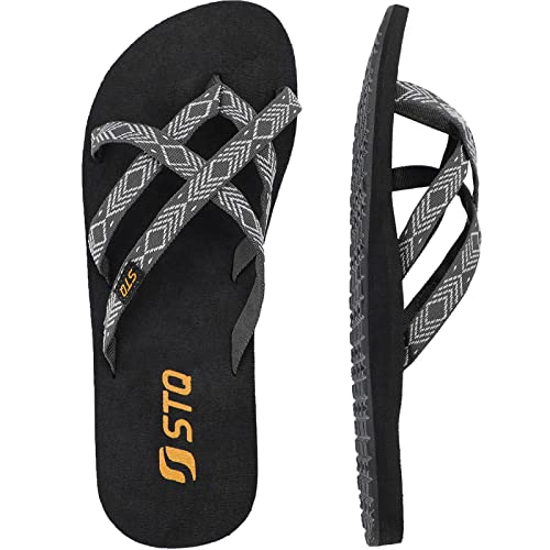 STQ Zehentrenner Damen Rutschfest Yoga Matte Flip Flops für Laufen Schwimmbad Sauna Leicht Sommer Strand Schuhe Schwarz Weiß 42 EU Cover