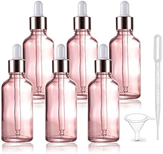 6 Pcs,1.7 Oz Pink Glass Dropper Bottle for Essential Oils,Empty Glass Eye Dropper Bottle Holder With Glass Reagent Pipette,Rose-Golden Caps Perfume Travel Vial Container-FREE Pipette,Funnel included