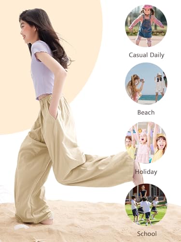 Image of Rolanko Girls Wide Leg Pants Flowy Palazzo Pants for Girls Kids Linen Trousers Loose Fit Casual Beach Travel 6-15Y