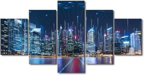 Peinture paysage urbain mural intissé haute définition grand format 5 panneaux avec cadre