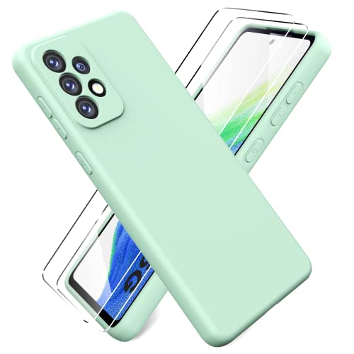 Ikziwreo Funda para Samsung Galaxy A53 5G + [2 Pack] Protector Pantalla, Carcasa de Silicona Líquida Gel Ultra Suave Funda con tapete de Microfibra Anti-Rasguño - Verde Claro Cover