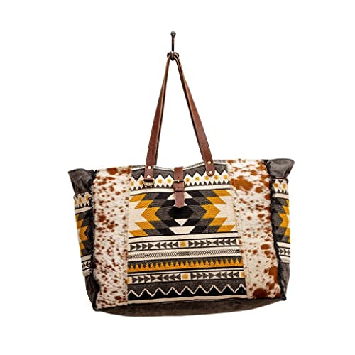 Image of Myra Bag Western Leather Weekender Bag for Women - Cotton & Upcycled Canvas Boho Shoulder Bag Trilang