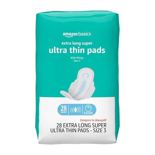 Amazon Basics Ultra Thin Pads with Flexi-Wings for Periods, Extra Long Length, Super Absorbency, Leak Protection, Unscented, Size 3, 28 Count