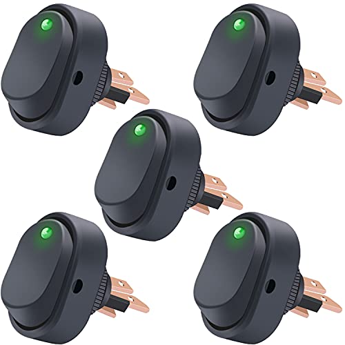 Twidec/5Pcs LED Lighted Rocker Switch Toggle 12V 30A SPST 3 Pin On-Off Green Round Dot Switch for Car Boat Marine ASW-20D-G